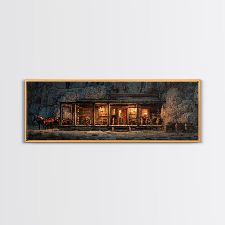 Rustic Western Saloon With Horses Framed Canvas Print, Cowboy Wall Art, Canyon Cabin Decor, Man Cave Rustic Wall Art Decor