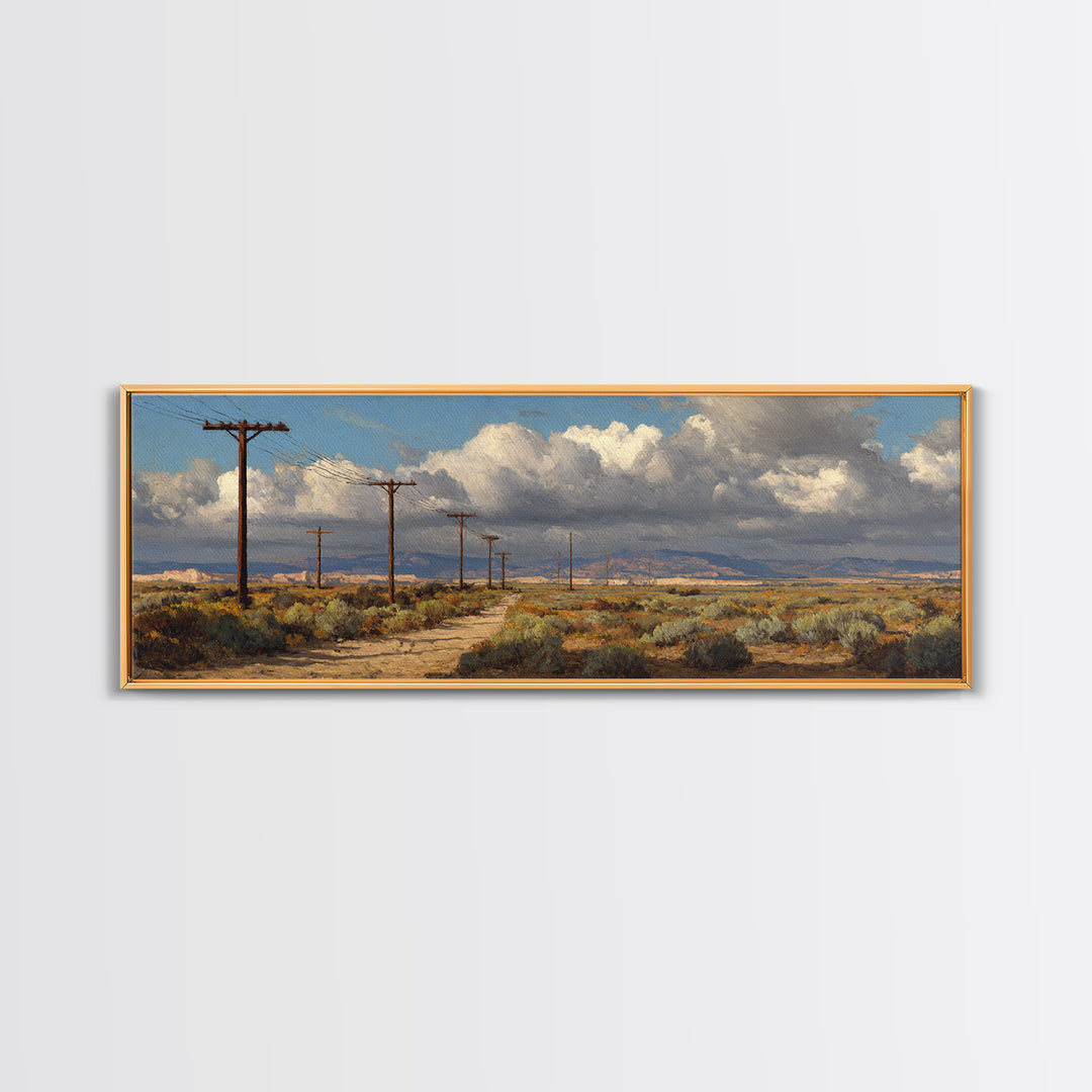 Desert Telephone Poles And Storm Clouds Wall Art, Western Landscape Canvas, Rustic Southwest Decor, Panoramic Print For Living Room