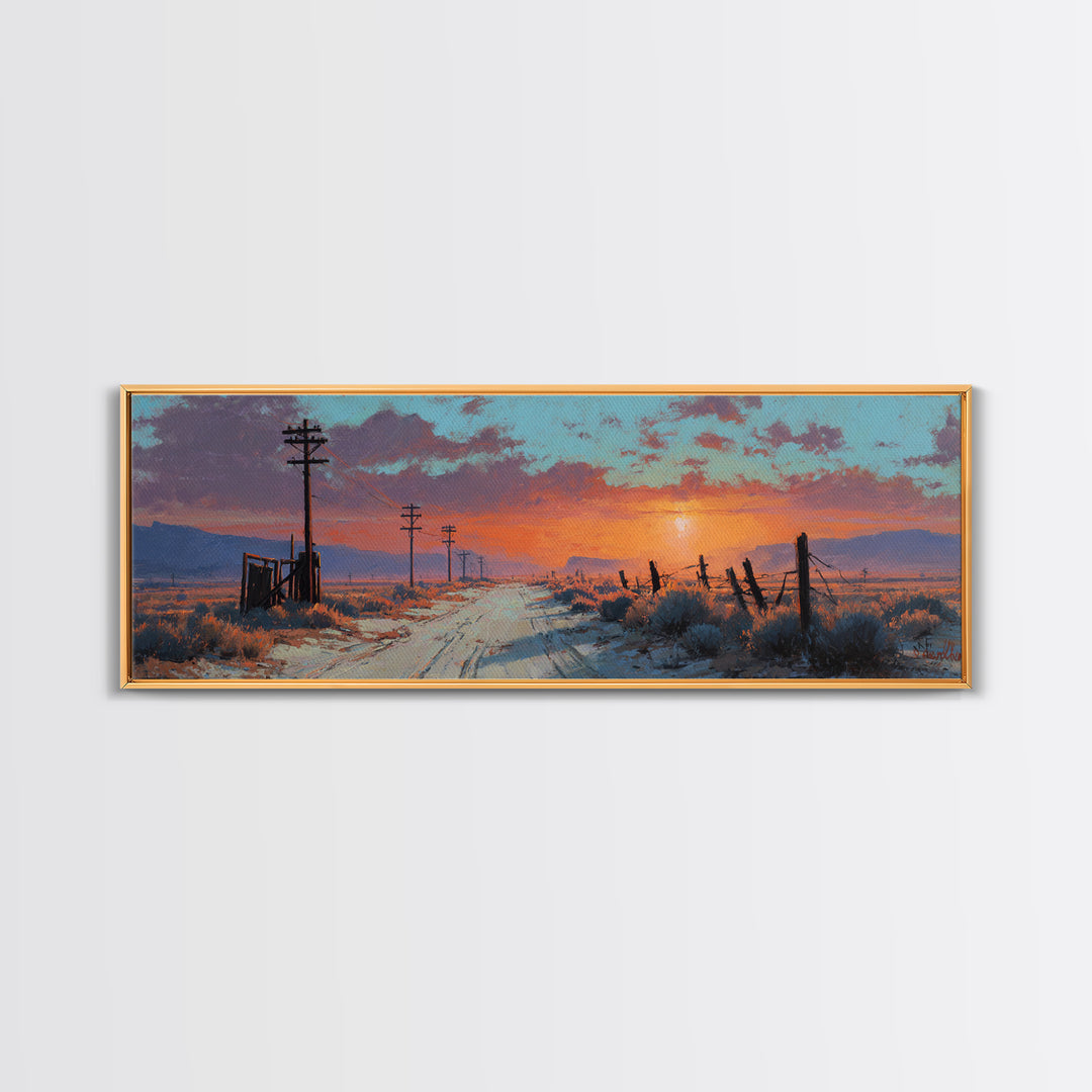 Snowy Country Road Sunset Wall Art, Rustic Winter Landscape Canvas, Farmhouse Decor, Wide Horizontal Print, Cozy Gift For Her