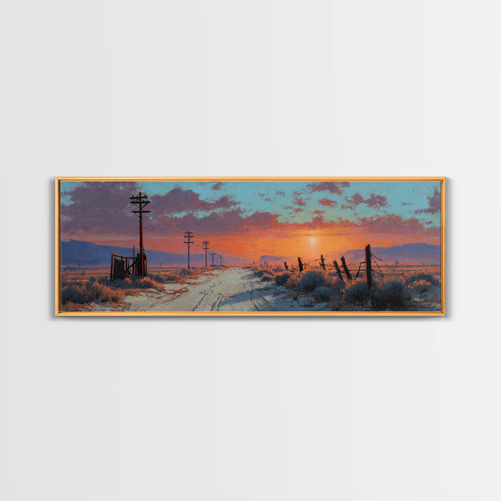 Snowy Country Road Sunset Wall Art, Rustic Winter Landscape Canvas, Farmhouse Decor, Wide Horizontal Print, Cozy Gift For Her