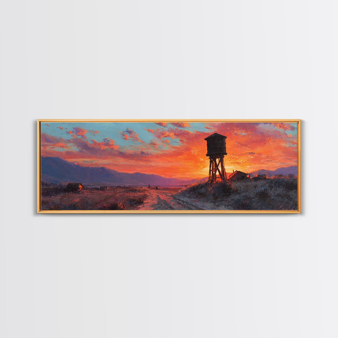 Sunset Water Tower Wall Art, Rustic Western Landscape Canvas Print, Farmhouse Country Decor, Warm Above Sofa Living Room Art Gift