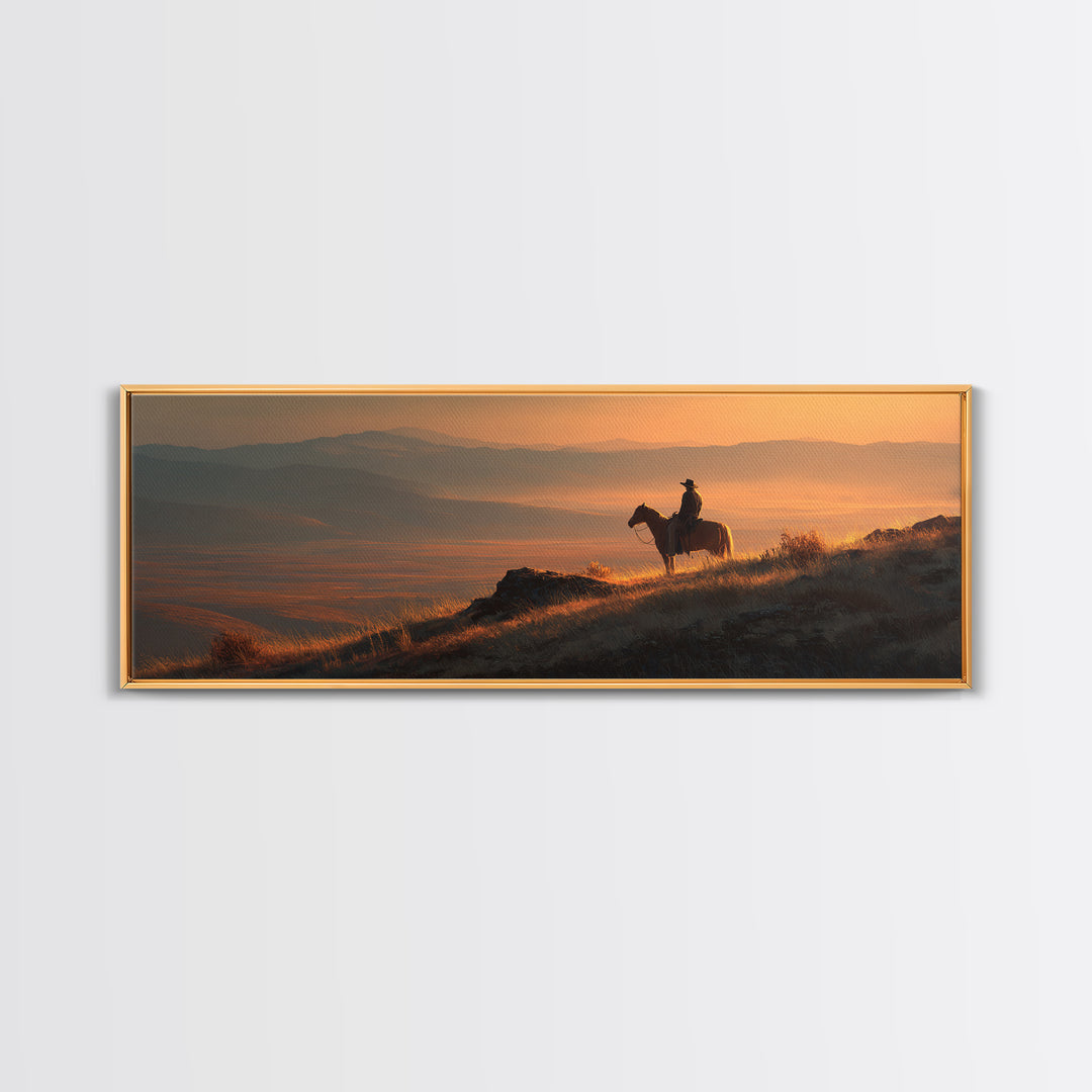 Cowboy Sunset Mountain Landscape Wall Art, Western Horse Rider Canvas Print, Rustic Ranch Decor, Masculine Office Art Gift