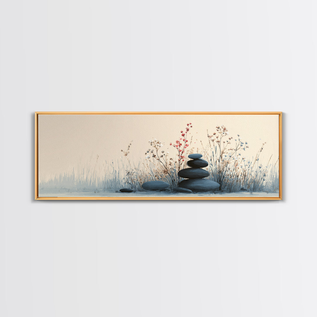 Zen Stacked Stones Wall Art, Minimalist Floral Canvas Print, Calming Spa Decor, Meditation Room Art, Neutral Home Decor Print