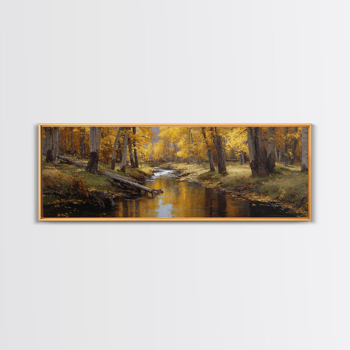 Golden Autumn Forest Creek Wall Art, Impressionist Aspen Landscape Canvas, Warm Nature Print, Rustic Living Room Decor, Cozy Home Decor