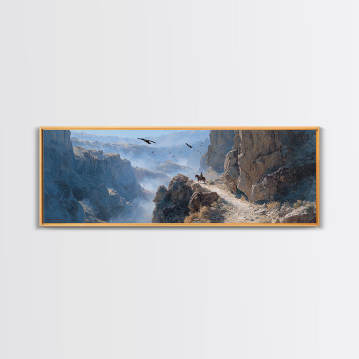 Snowy Mountain Canyon Rider Canvas Print, Western Landscape Wall Art, Eagle Wilderness Decor, Rustic Office Gift For Him
