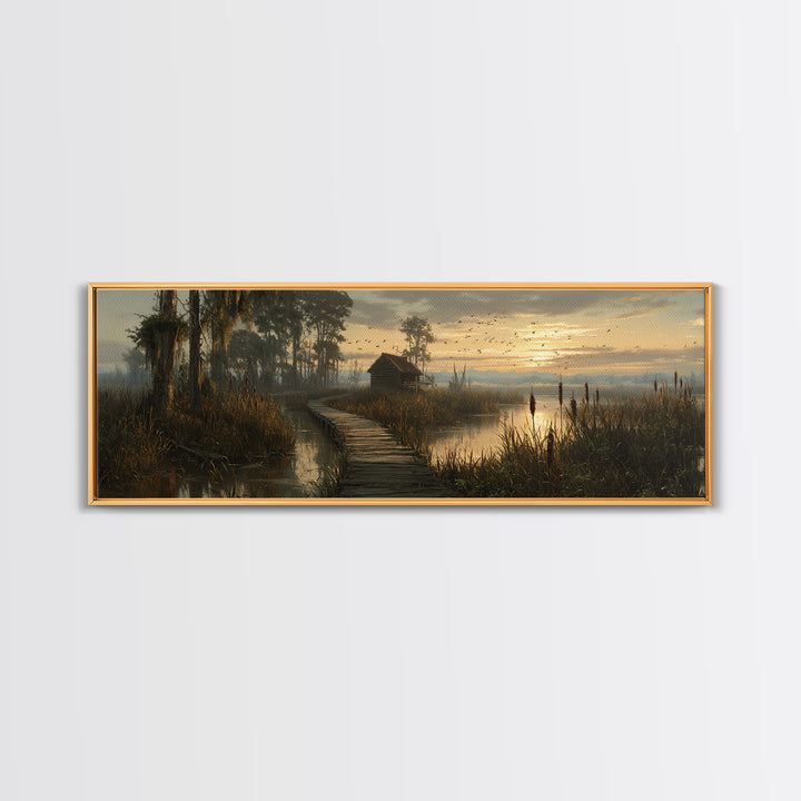 Misty Marsh Boardwalk Cabin Sunrise Birds Wall Art, Serene Wetlands Landscape Canvas Print, Rustic Nature Decor, Lake House Gift