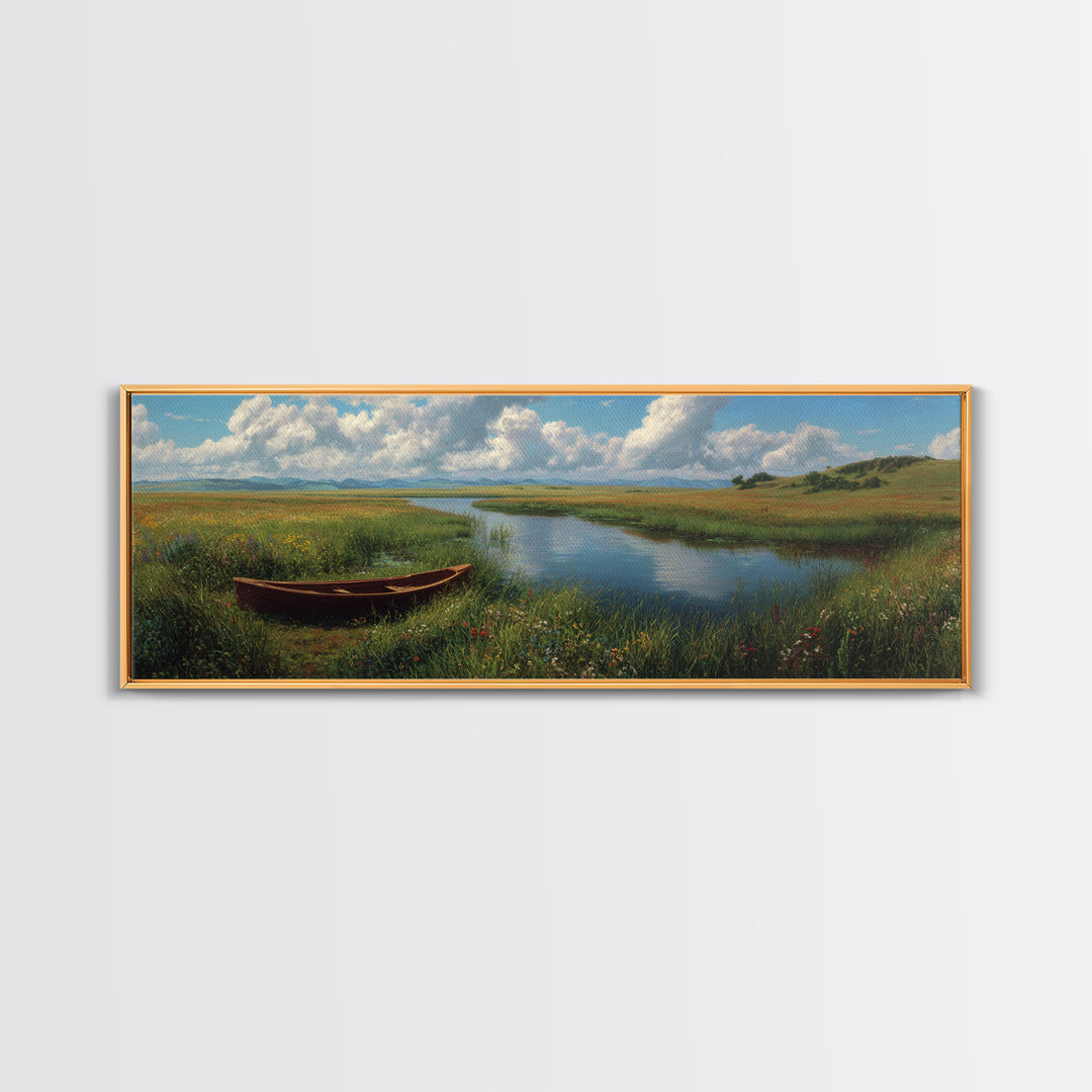 Peaceful Meadow River Boat Wall Art, Panoramic Landscape Canvas Print, Lake House Decor, Nature Wall Decor, Above Sofa Art
