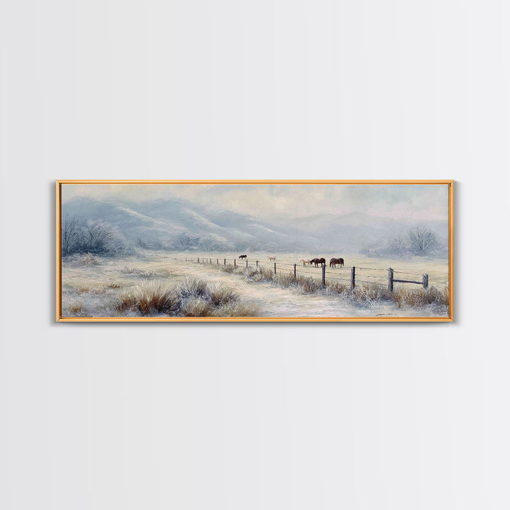 Snowy Pasture Horses Wall Art, Winter Ranch Landscape Canvas Print, Rustic Farmhouse Decor, Country Living Room Gift For Her