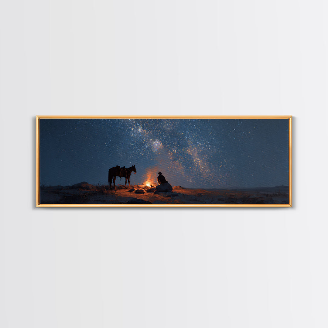 Cowboy Campfire Under Milky Way Wall Art, Western Night Sky Canvas Print, Rustic Desert Decor For Cabin And Man Cave Home Decor