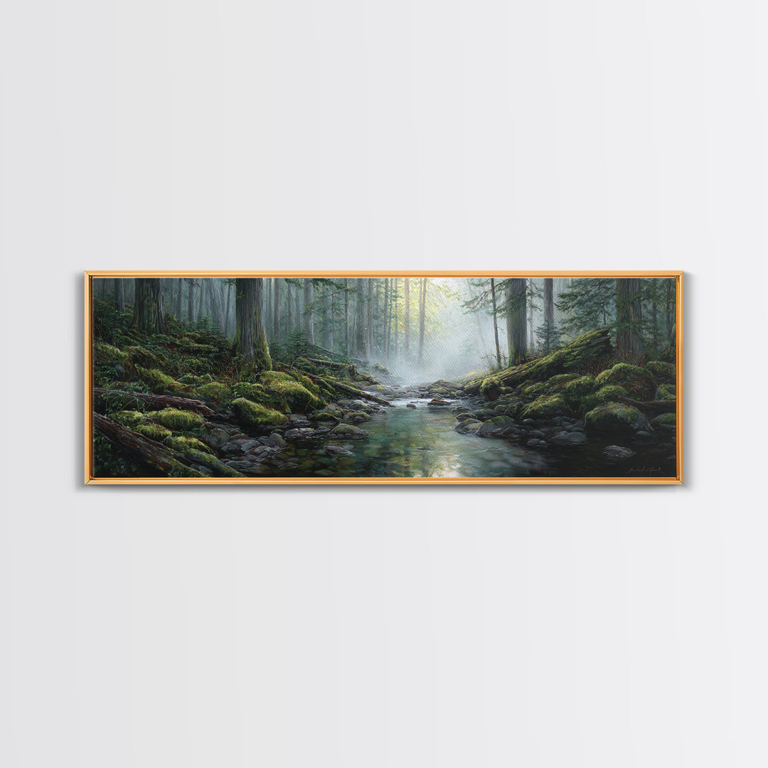 Misty Forest Stream Landscape Wall Art, Mossy Woodland Canvas Print, Nature Decor, Cabin Wall Decor, Calming Office Art Print