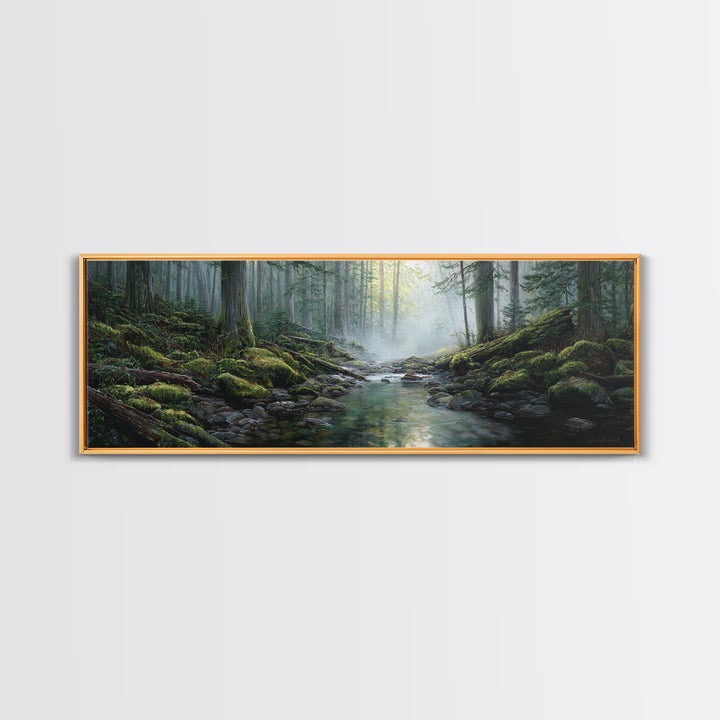 Misty Forest Stream Landscape Wall Art, Mossy Woodland Canvas Print, Nature Decor, Cabin Wall Decor, Calming Office Art Print