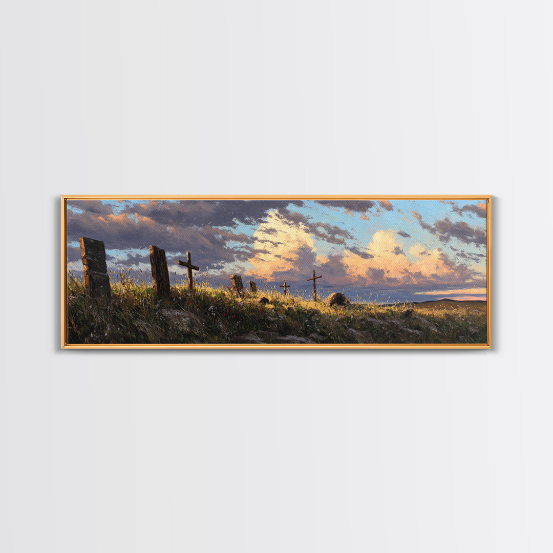 Prairie Hill Crosses Wall Art, Rustic Christian Landscape At Sunset, Spiritual Farmhouse Living Room Decor, Large Canvas Print