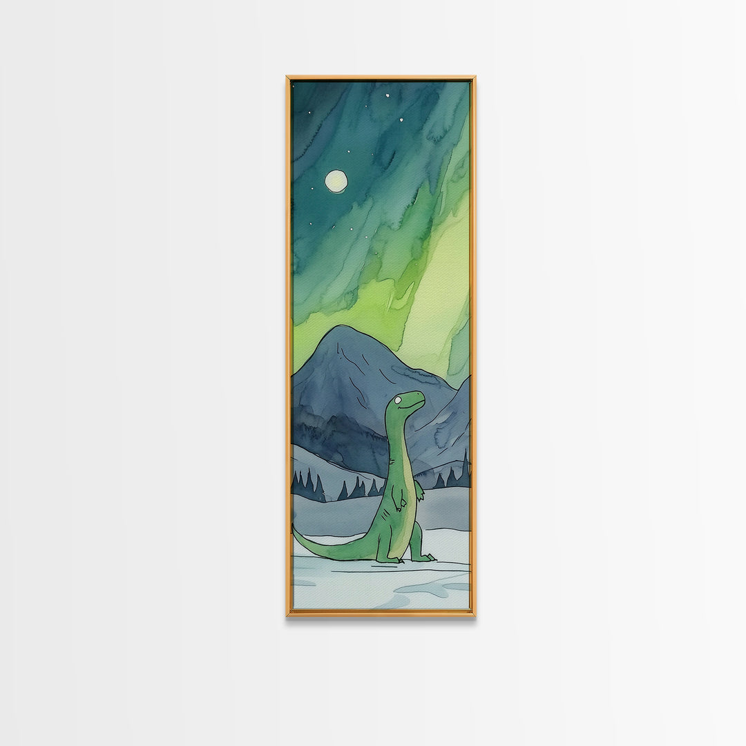 Whimsical Green Dinosaur Under Aurora Wall Art, Kids Room Canvas Print, Northern Lights Nursery Decor, Fantasy Art Gift