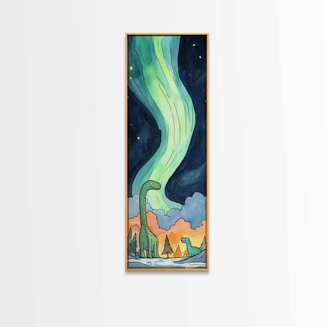 Two Gentle Dinosaurs Beneath Aurora Wall Art, Whimsical Kids Room Canvas Print, Fantasy Nursery Decor, Cute Animal Gift