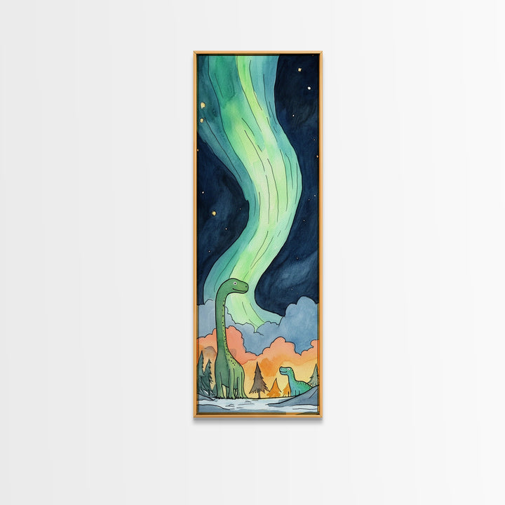 Two Gentle Dinosaurs Beneath Aurora Wall Art, Whimsical Kids Room Canvas Print, Fantasy Nursery Decor, Cute Animal Gift