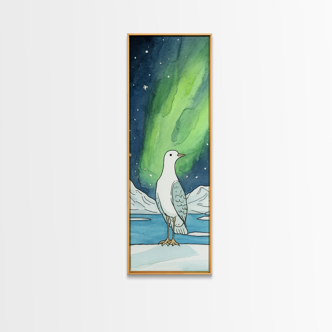 White Seabird In Icy Aurora Landscape Wall Art, Arctic Bird Canvas Print, Coastal Wildlife Decor, Nursery Nature Gift, Art Print