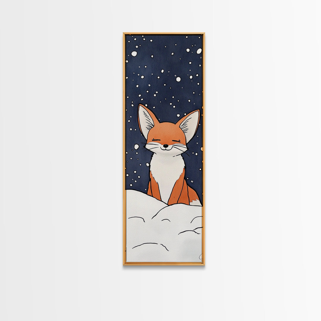 Sleepy Fox In Snowy Night Canvas Print, Whimsical Animal Art, Woodland Nursery Decor, Kids Room Wall Decor, Winter Wall Art