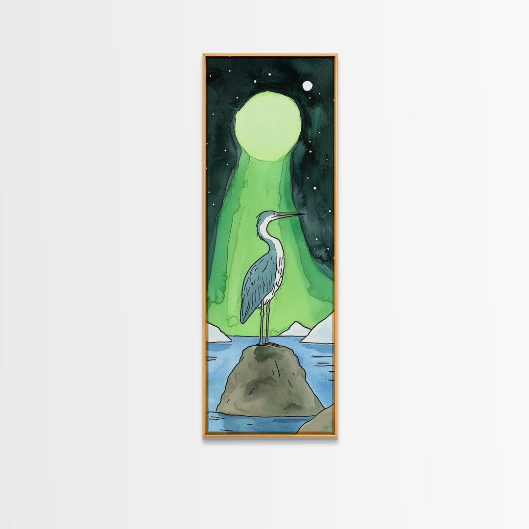 Heron Under Green Aurora Moon Wall Art, Celestial Bird Art Print, Northern Lights Decor, Coastal Wall Decor, Mystical Nature Art