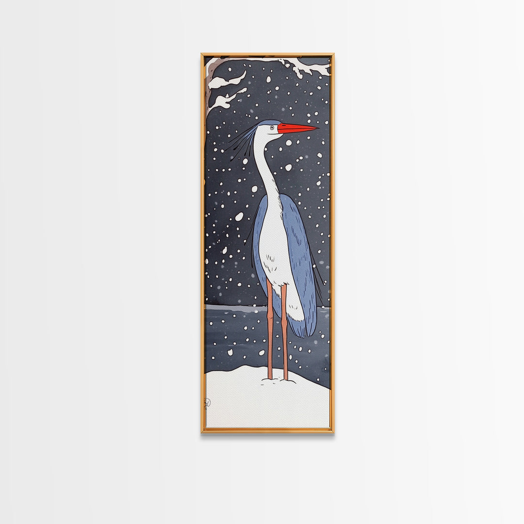 Snowy Heron With Red Beak Framed Canvas Print, Winter Bird Wall Art, Coastal Wall Decor, Animal Art Print, Nature Decor, Gift