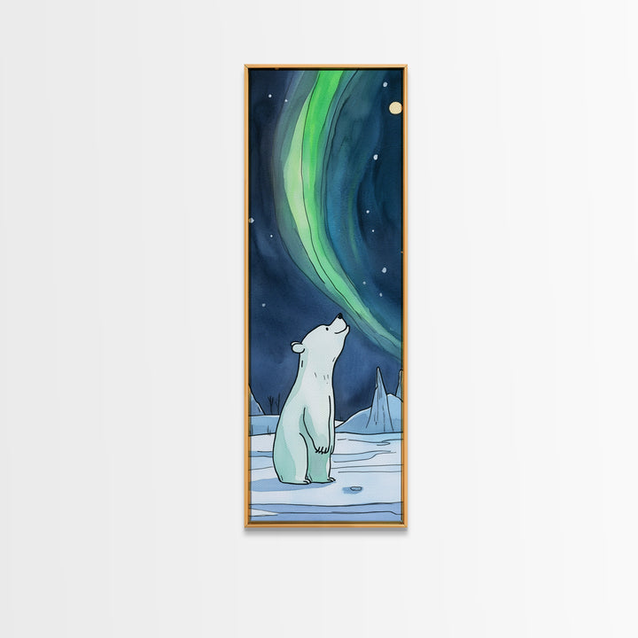 Polar Bear Watching Northern Lights Wall Art, Aurora Canvas Print, Arctic Animal Art, Nursery Decor, Winter Nature Wall Decor