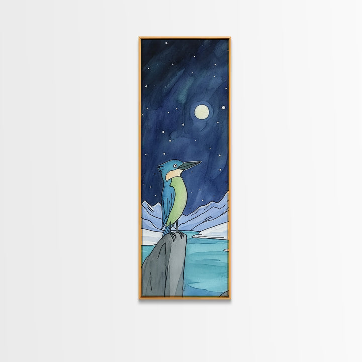 Moonlit Kingfisher On Arctic Ice Wall Art, Whimsical Bird Print, Celestial Night Sky Decor, Kids Room Art Gift, Nursery Decor