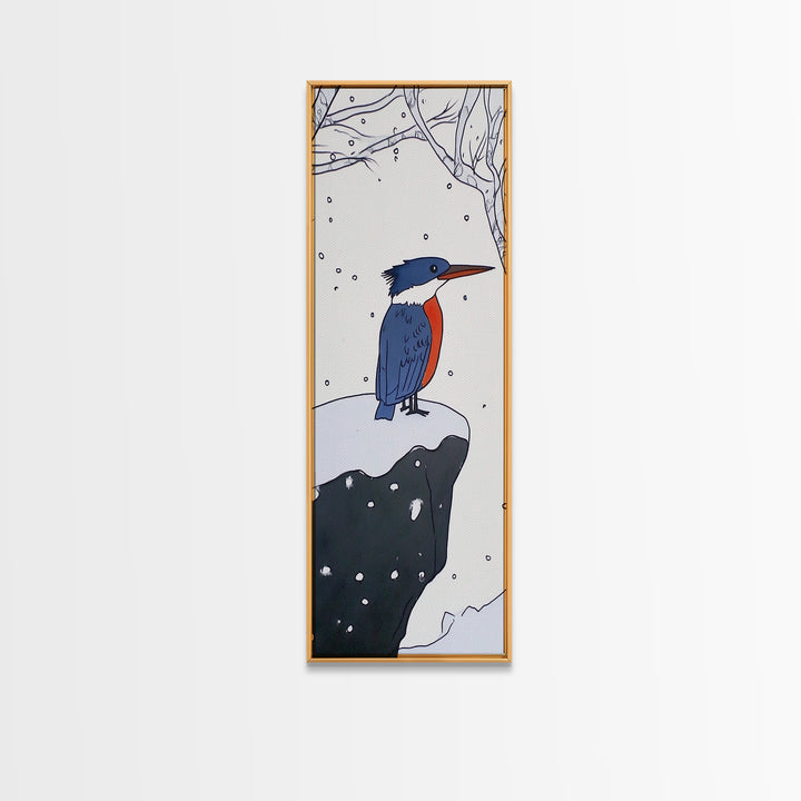 Snowy Kingfisher In Winter Forest Wall Art, Blue Orange Bird Print, Whimsical Woodland Decor, Nursery Room Gift, Kids Wall Art