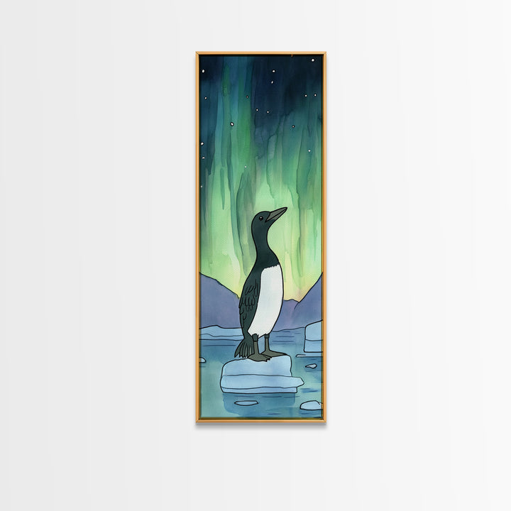 Penguin Under Northern Lights Wall Art, Aurora Night Sky Canvas Print, Whimsical Polar Animal Decor, Nursery Gift, Kids Room