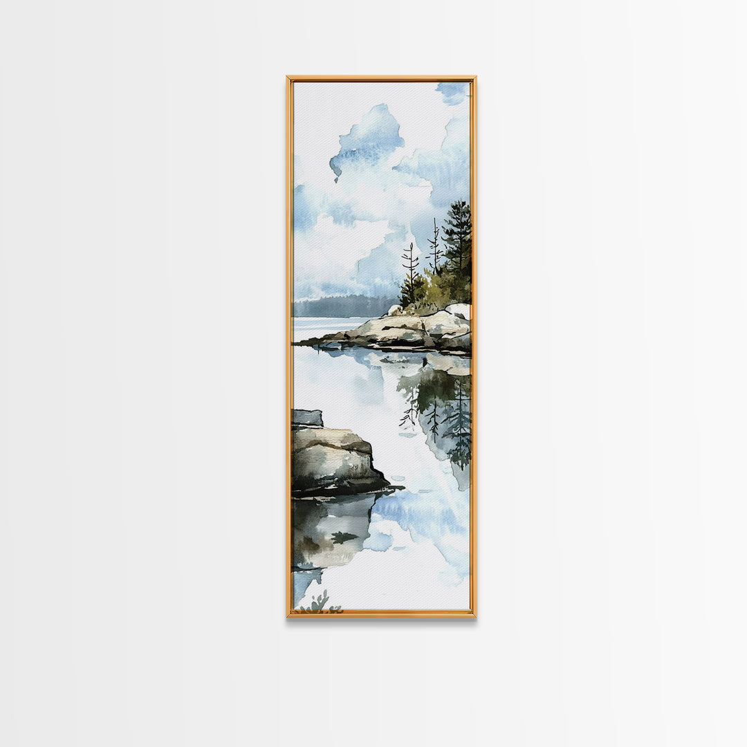 Quiet Rocky Lake And Pine Reflection Framed Canvas Print, Watercolor Landscape Wall Art, Nature Decor, Living Room Art Print