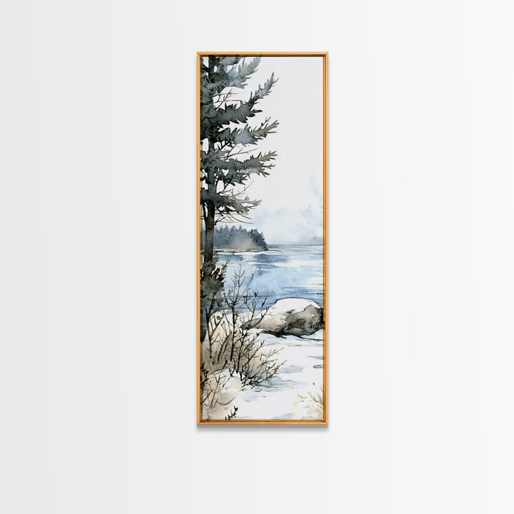 Pine Tree By Frozen Lake Framed Canvas Print, Winter Coastal Landscape Wall Art, Cabin Decor, Scandinavian Wall Decor Gift