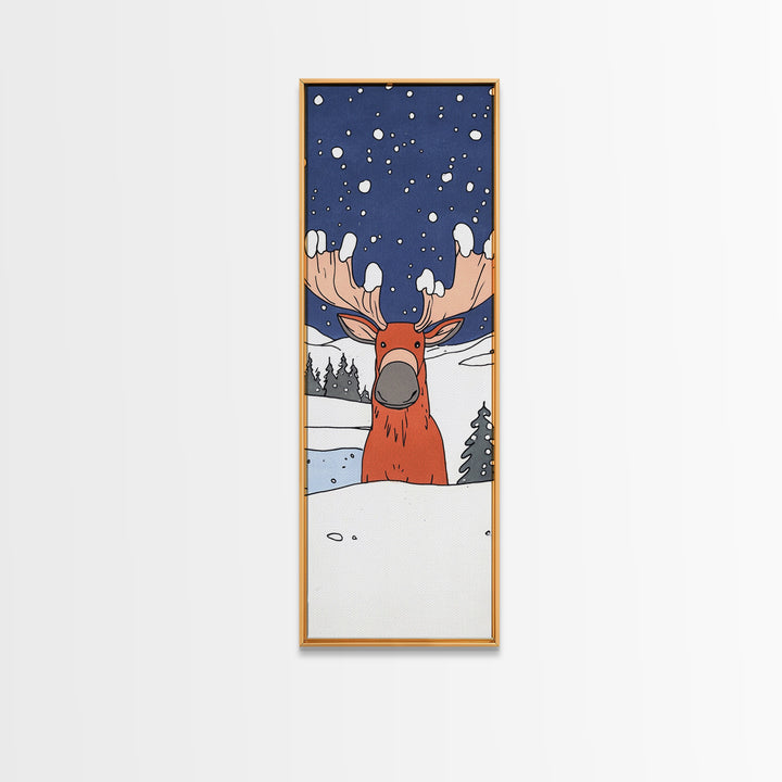 Whimsical Moose In Snow Wall Art, Cute Animal Print For Nursery Decor, Winter Woodland Kids Room Decor, Housewarming Gift