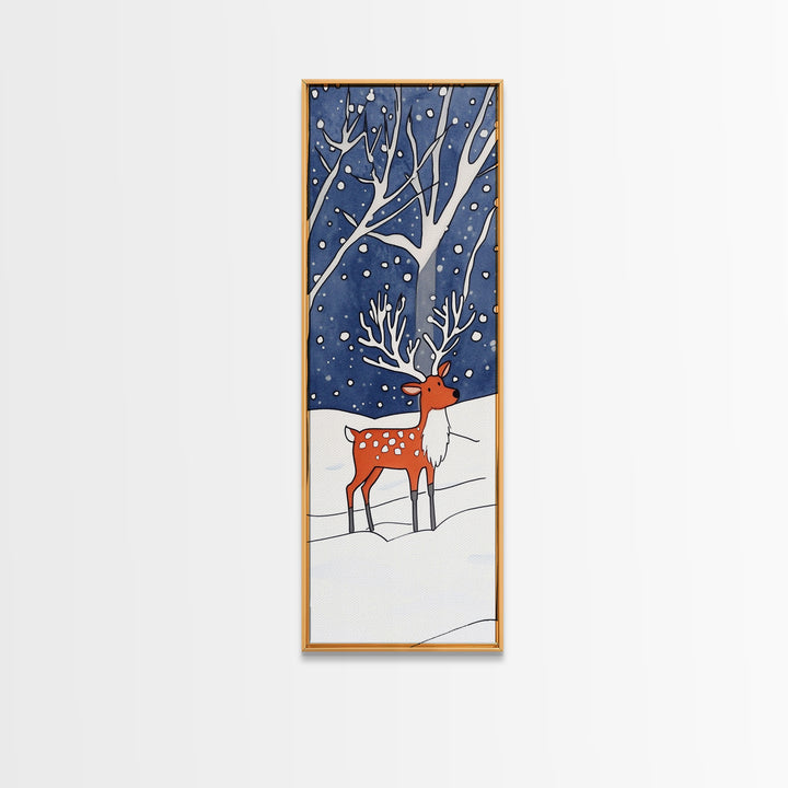 Red Reindeer In Snowy Forest Wall Art, Whimsical Winter Woodland Nursery Decor, Christmas Gift, Kids Room Wall Decor For Baby