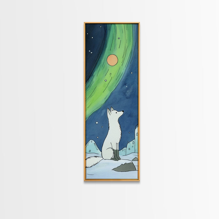 Arctic Fox Under Northern Lights Wall Art, Whimsical Snowy Animal Print, Aurora Nursery Decor, Winter Wildlife Canvas Print