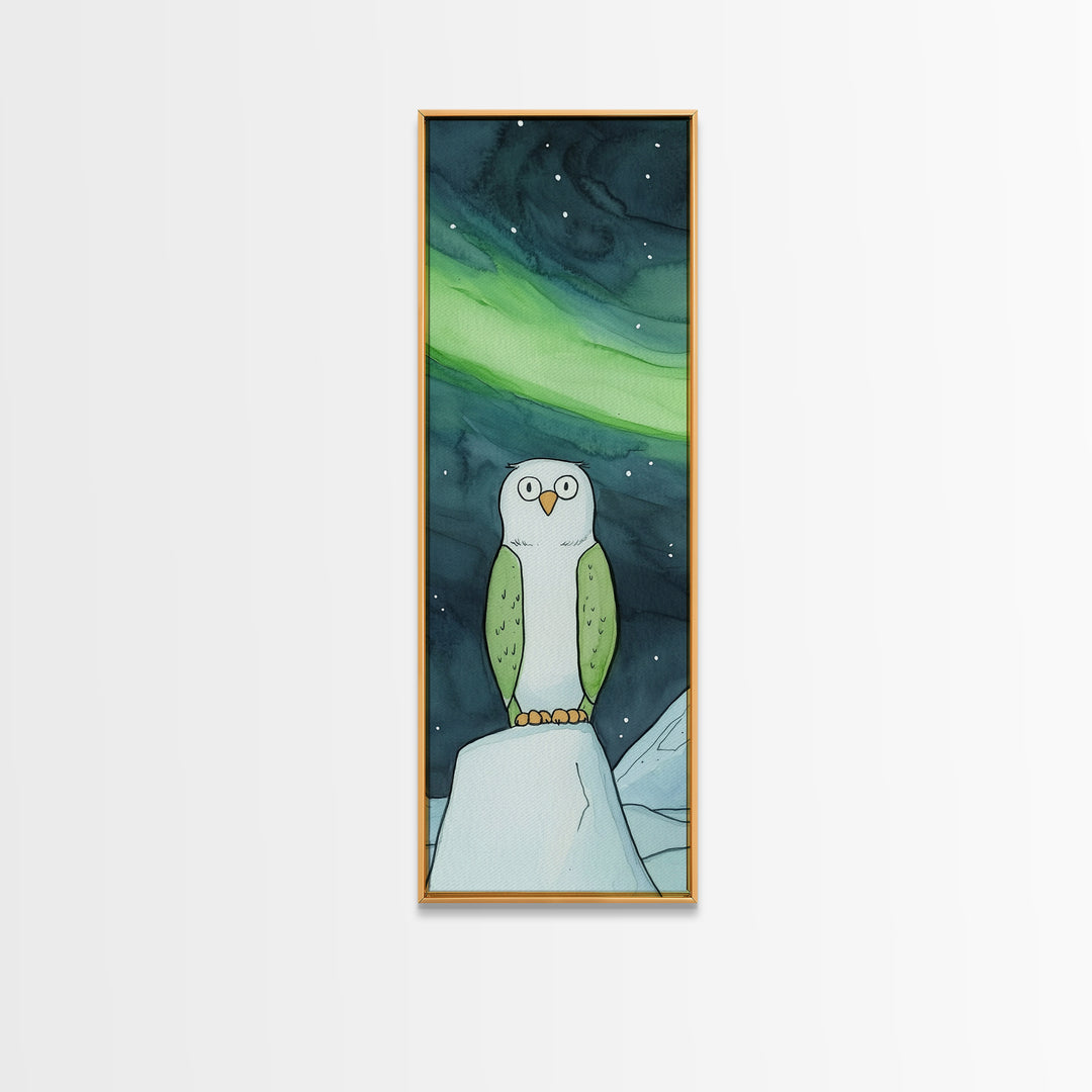 Cute Owl Under Aurora Wall Art, Whimsical Northern Lights Canvas Print, Kids Room Decor, Nursery Animal Art, Winter Gift