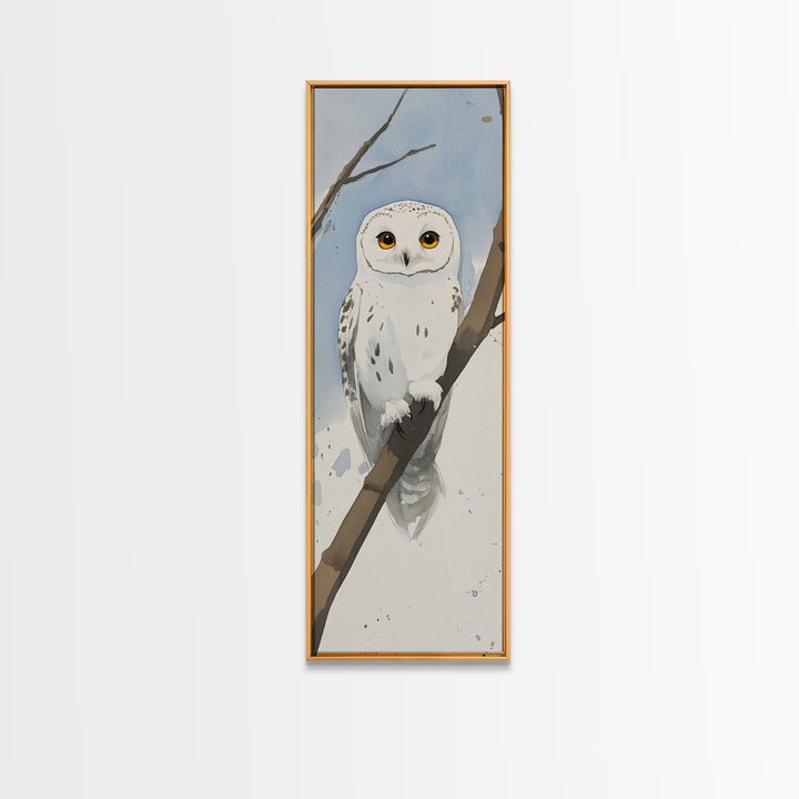 Snowy Owl On Winter Branch Wall Art, Watercolor Bird Print, Woodland Nursery Decor, Rustic Wildlife Art, Nature Lover Gift
