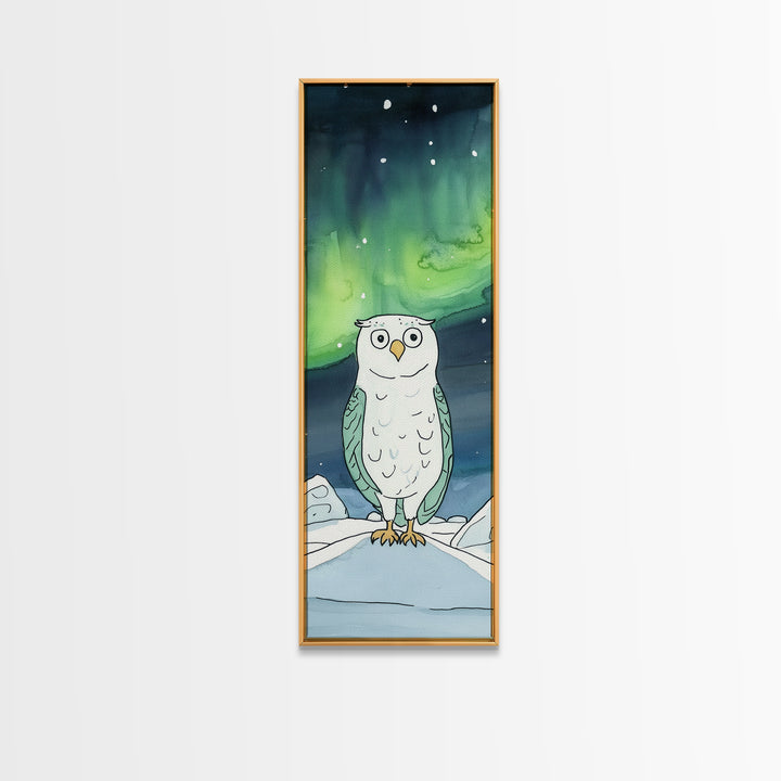 Wide Eyed Owl Beneath Northern Lights Wall Art, Whimsical Bird Print, Aurora Nursery Decor, Celestial Kids Room Art Gift