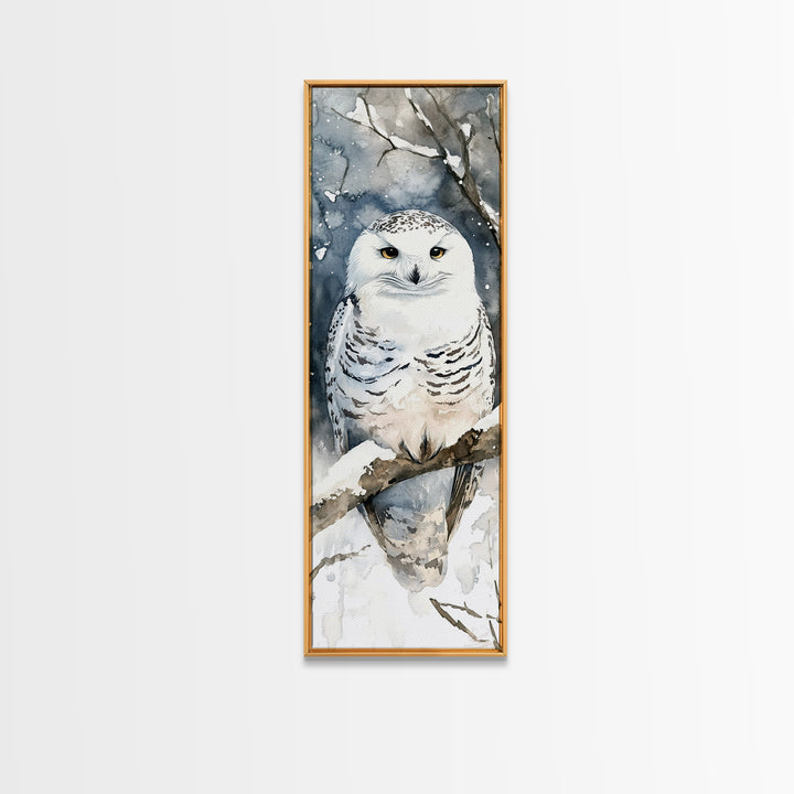 Realistic Snowy Owl In Snowy Forest Framed Canvas Print, Winter Wildlife Art, Nature Wall Decor, Rustic Cabin Decor Gift