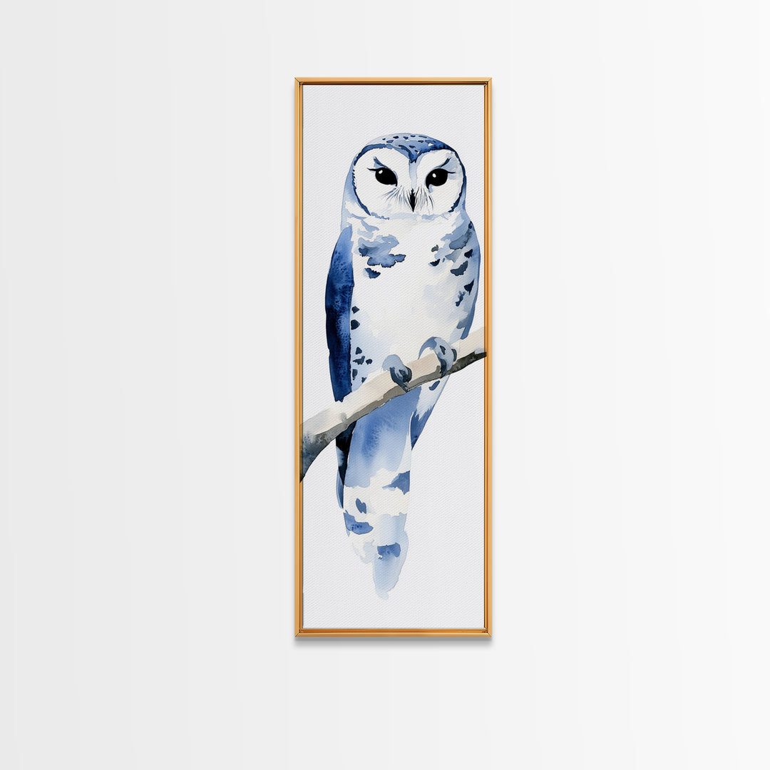 Blue And White Owl On Branch Canvas Print, Minimal Watercolor Bird Art, Nursery Wall Decor, Coastal Blue Bedroom Art Gift
