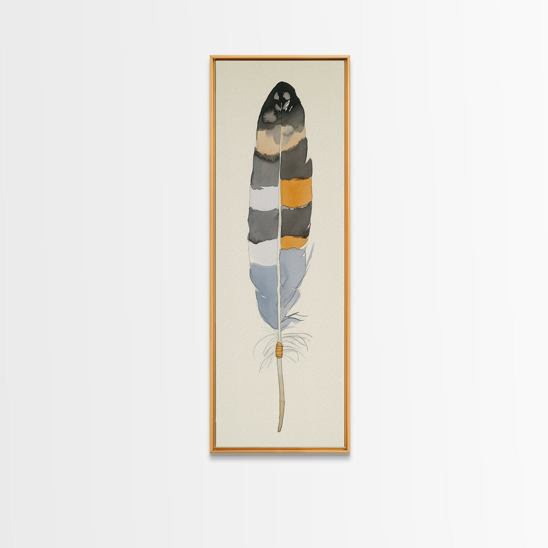 Bold Striped Feather Canvas Print, Watercolor Bird Art, Boho Wall Decor, Neutral Nature Print, Rustic Gallery Wall Gift Idea