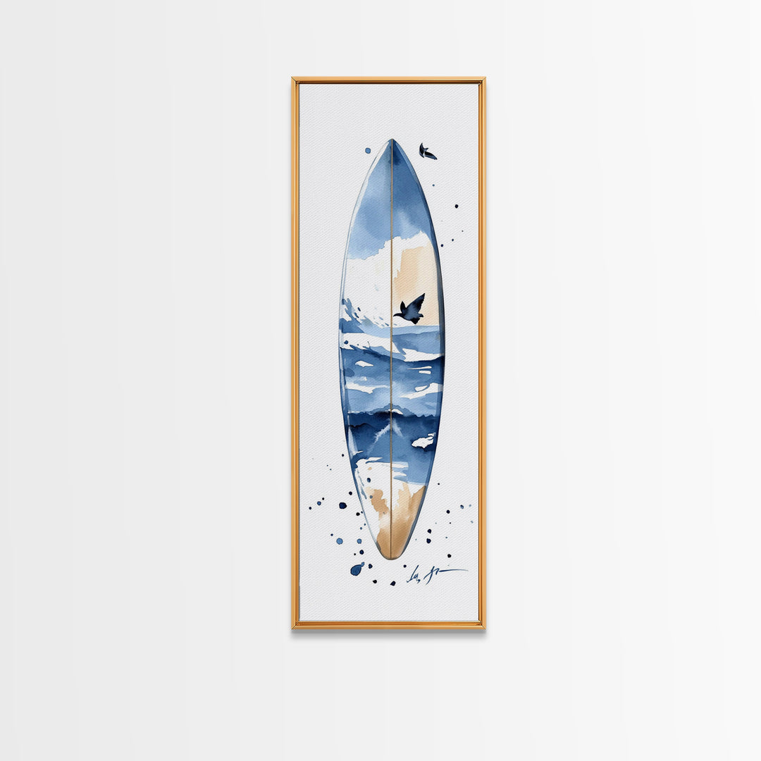 Blue Wave Surfboard With Birds Canvas Print, Coastal Wall Art, Ocean Decor, Beach House Surf Poster, Living Room Art, Modern Coastal Art