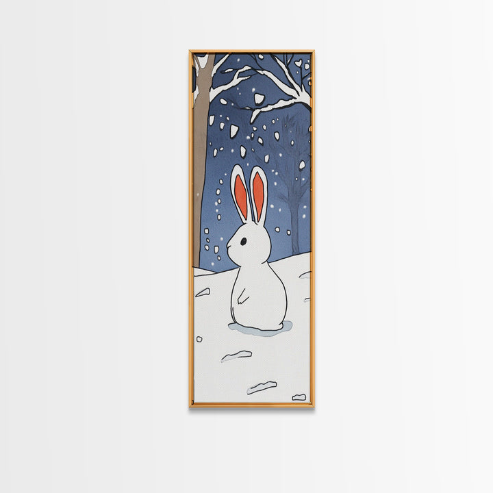 White Bunny In Snowy Forest Wall Art, Whimsical Rabbit Print, Woodland Nursery Decor, Winter Kids Room Wall Decor, Baby Shower Gift