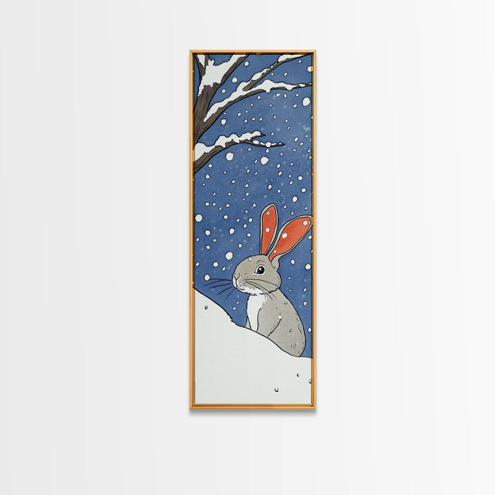 Snow Bunny In Falling Snow Wall Art, Whimsical Rabbit Watercolor Print, Cute Nursery Animal Decor, Winter Kids Room Art