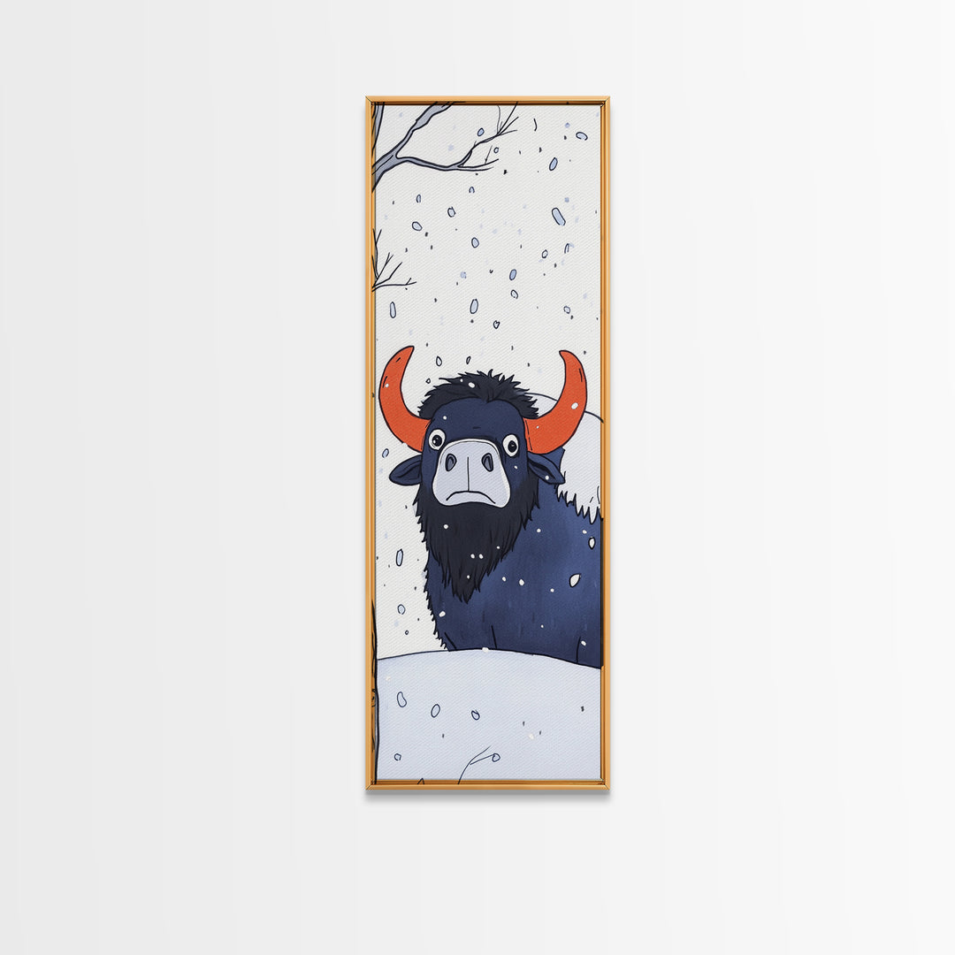 Musk Ox In Falling Snow Canvas Print, Whimsical Winter Animal Art, Nursery Wall Decor, Rustic Wildlife Gift For Kids Room
