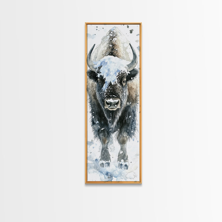Snowy Bison Portrait Framed Canvas Print, Rustic Wildlife Wall Art, Western Animal Decor, Winter Lodge Housewarming Gift