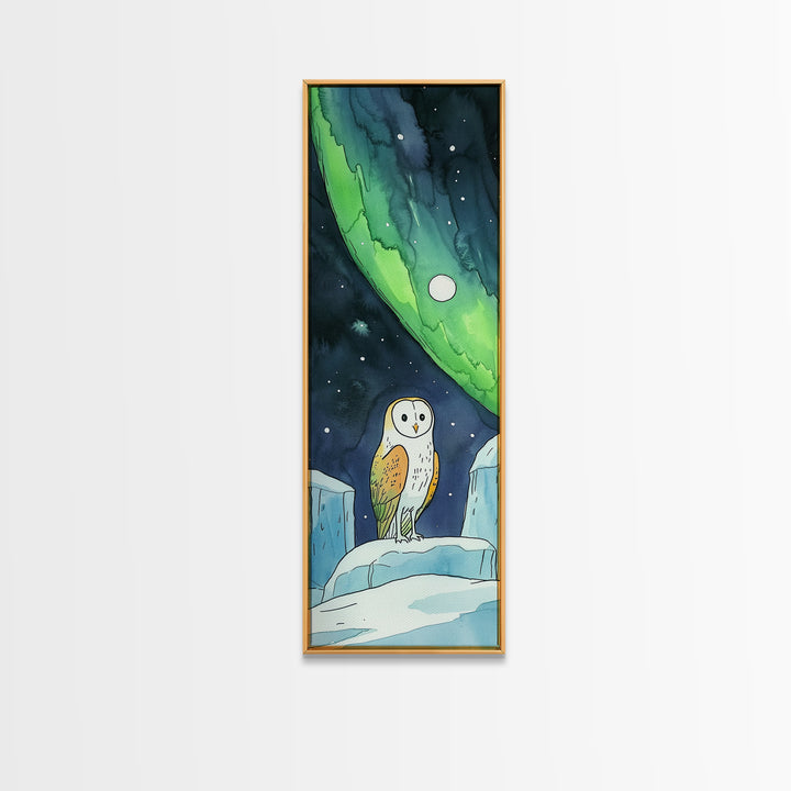 Barn Owl Under Northern Lights Canvas Print, Celestial Wall Art, Aurora Borealis Nursery Decor, Arctic Wildlife Gift For Owl Lovers