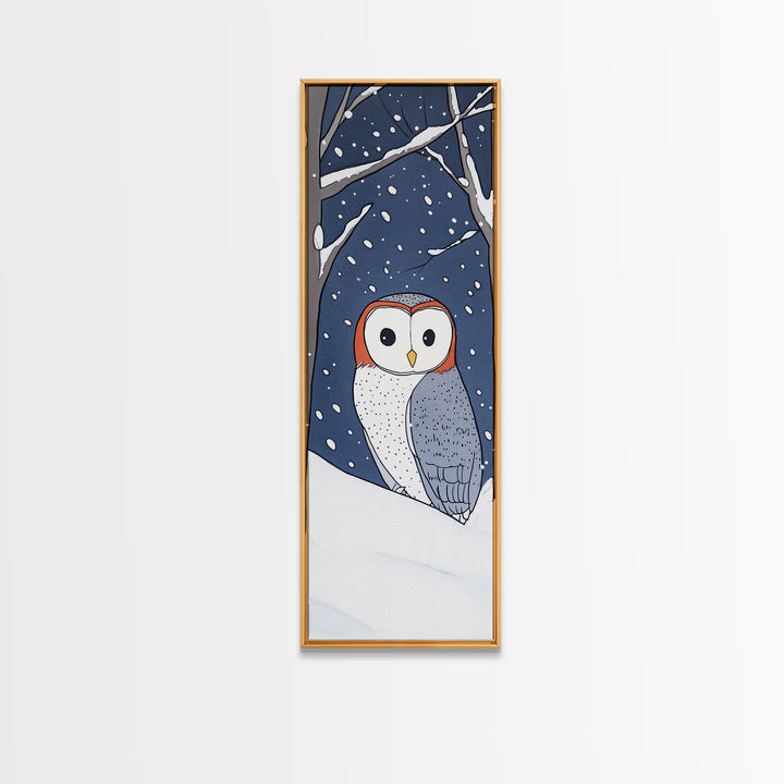 Cute Barn Owl In Snow Canvas Print, Whimsical Animal Wall Art, Winter Nursery Decor, Woodland Bird Gift For Kids Room Decor