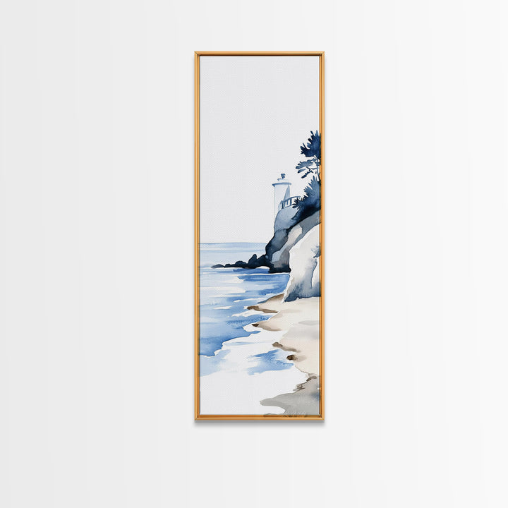 Blue Lighthouse On Cliff Canvas Print, Coastal Wall Art, Nautical Beach Decor, Ocean Landscape For Bathroom Or Living Room