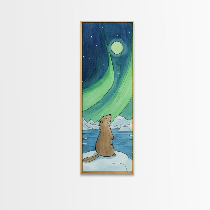 Cute Otter Northern Lights Moon Canvas Print, Whimsical Animal Wall Art, Nursery Decor, Kids Room Art, Aurora Gift For Children