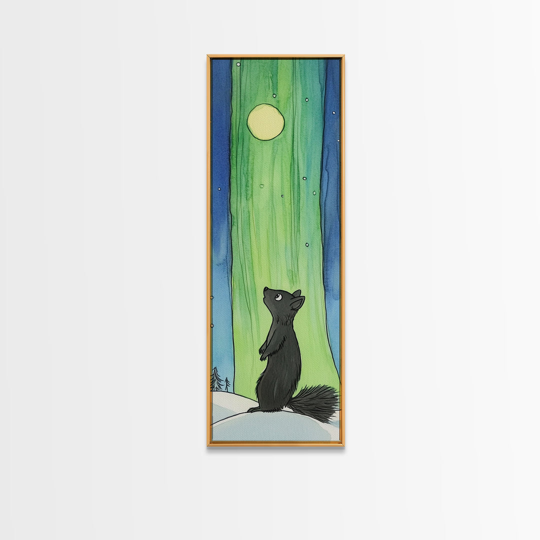 Black Squirrel Aurora Moon Canvas Print, Whimsical Animal Wall Art, Nursery Decor, Kids Room Art, Celestial Wall Decor Gift