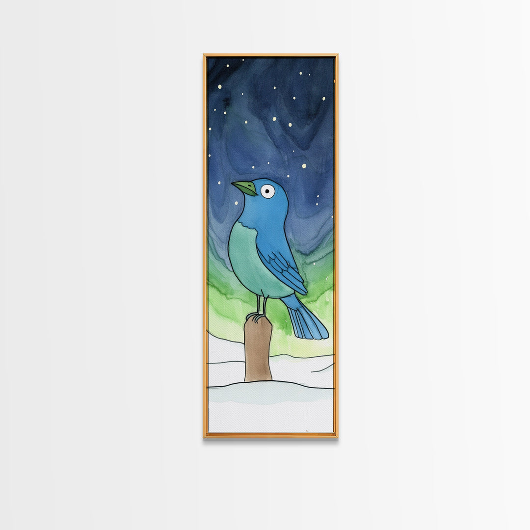 Whimsical Blue Bird In Starry Snow Canvas Print, Winter Nursery Wall Art, Kids Room Decor, Cute Animal Art, Bird Lover Gift