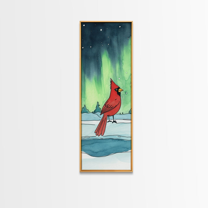 Red Cardinal In Snowy Aurora Landscape Framed Canvas Print, Winter Bird Wall Art, Nature Wall Decor, Christmas Gift, Living Room Art
